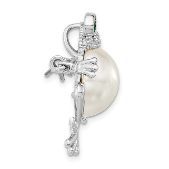 925 Sterling Silver Frog Pin / Pendant w White & Green CZ and Acrylic Pearl Bead - Picture 2 of 2